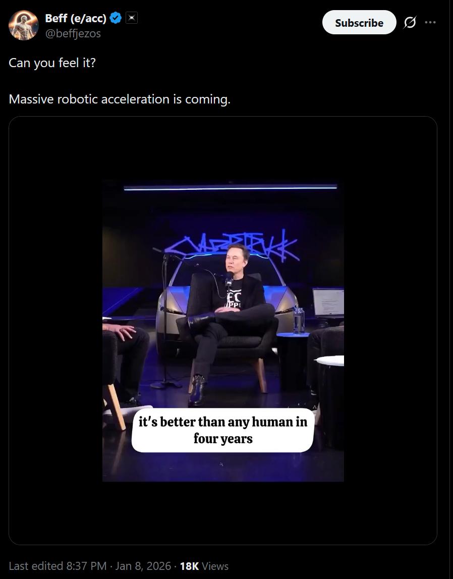 A post on X from @beffjezos dated January 8 2026. It reads: Can you feel it? Massive robotic acceleration is coming. The post has an embedded video which is a clip from an interview where Peter Diamandis asks Elon Musk how long until Tesla&rsquo;s Optimus robots will be able to perform surgery better than the best human surgeons.