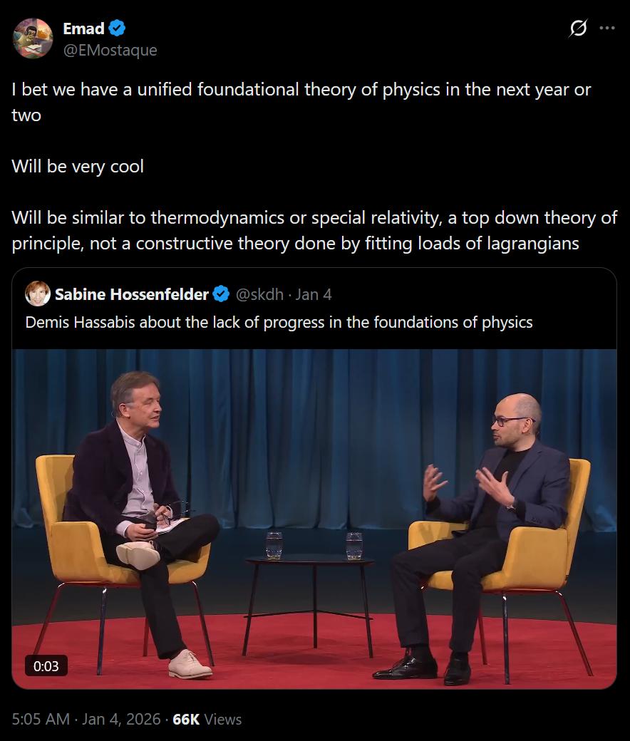 A post on X from @EMostaque dated January 4 2026. It reads: I bet we have a unified foundational theory of physics in the next year or two. Will be very cool. Will be similar to thermodynamics or special relativity, a top down theory of principle, not a constructive theory done by fitting loads of lagrangians. The post has an embedded quote retweet from @skdh (Sabine Hossenfelder) with a video of an interview with Demis Hassabis.
